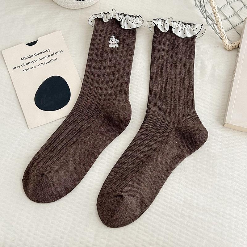 2025 Autumn Women's Mid-Calf Cotton Socks - Korean Cartoon Dog Embroidery with Lace Ruffle