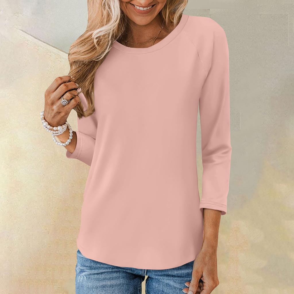 Рубашка для женщин, модная повседневная свободная однотонная футболка с рукавами реглан и круглым вырезом, рукав 3/4, женский топ