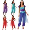 Womens Arab Princess Costume Contrast Color Gem Decor Sequined Tulle Overlay Sleeveless Jumpsuit Belly Dance Romper