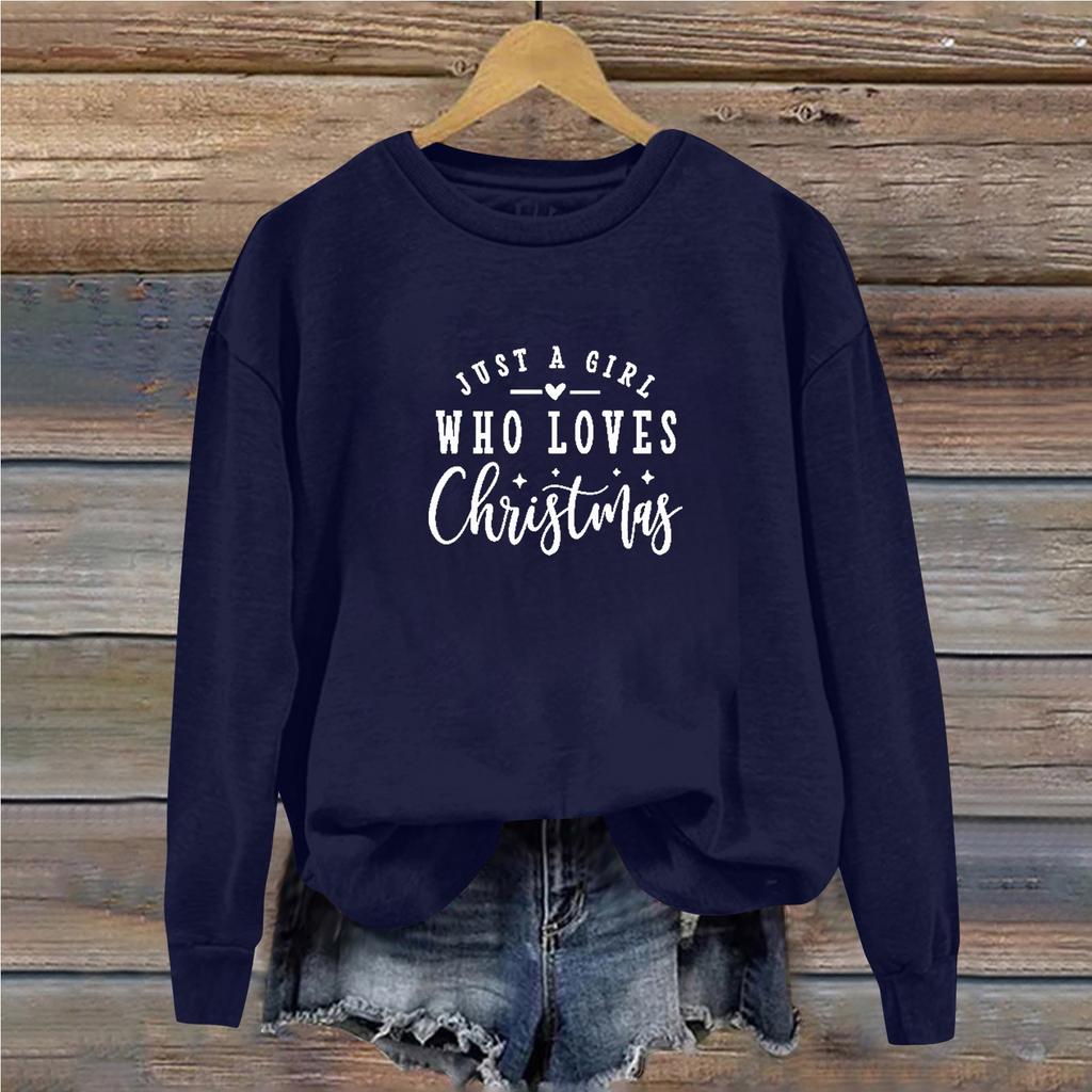 Женская повседневная свободная однотонная толстовка с круглым вырезом и длинными рукавами с принтом рождественских букв