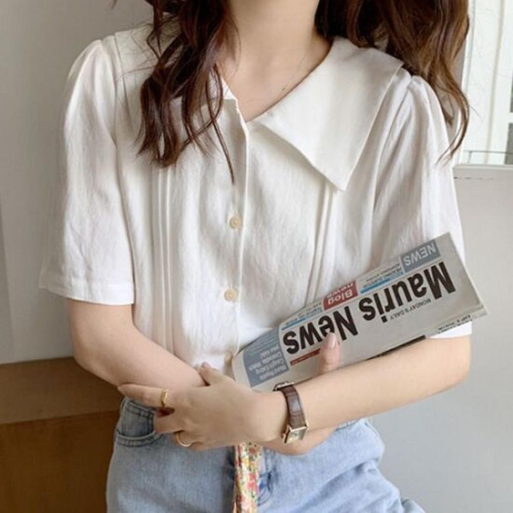 Navava Women Retro Romantic Sheering Big Collar Short Sleeve Blouse Shirt Nb3085