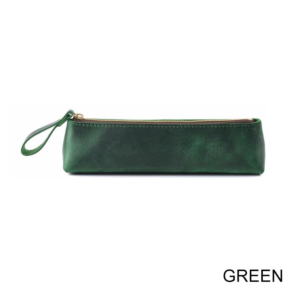Large Capacity Vintage Crazy Horse Leather Zipper Pen Case Handmade Creative School Stationery Pencil Bag Genuine Leather