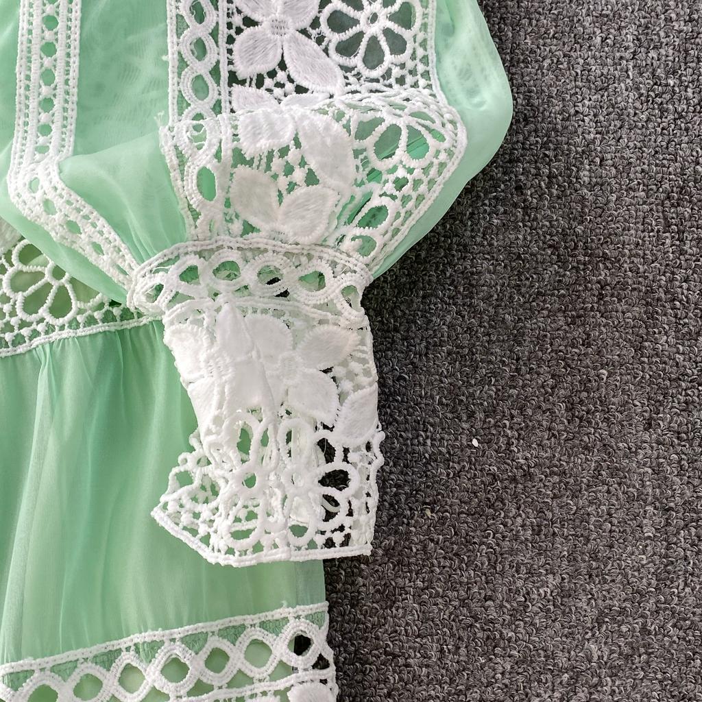 Роскошные Дизайнерские Осенние Вечерние Платья для Выпускного с Ажурной Вышивкой для Женщин, Кружевной Пэчворк, V-образный Вырез, Длинный Рукав-фонарик, Макси-платье