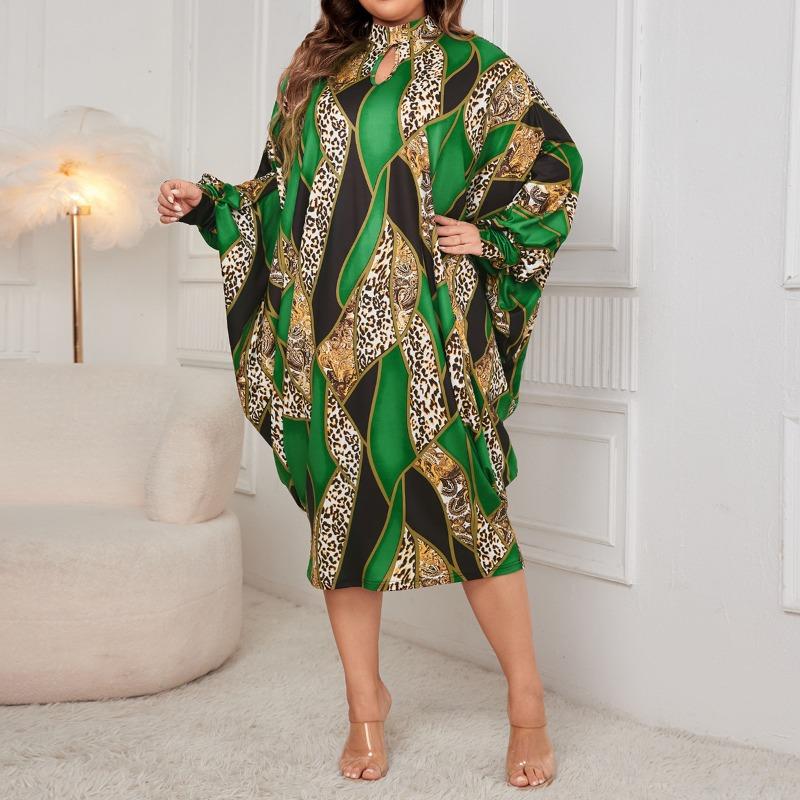 Plus Size Women's New Bat Sleeved Temperament Long Sleeved Printed Dress