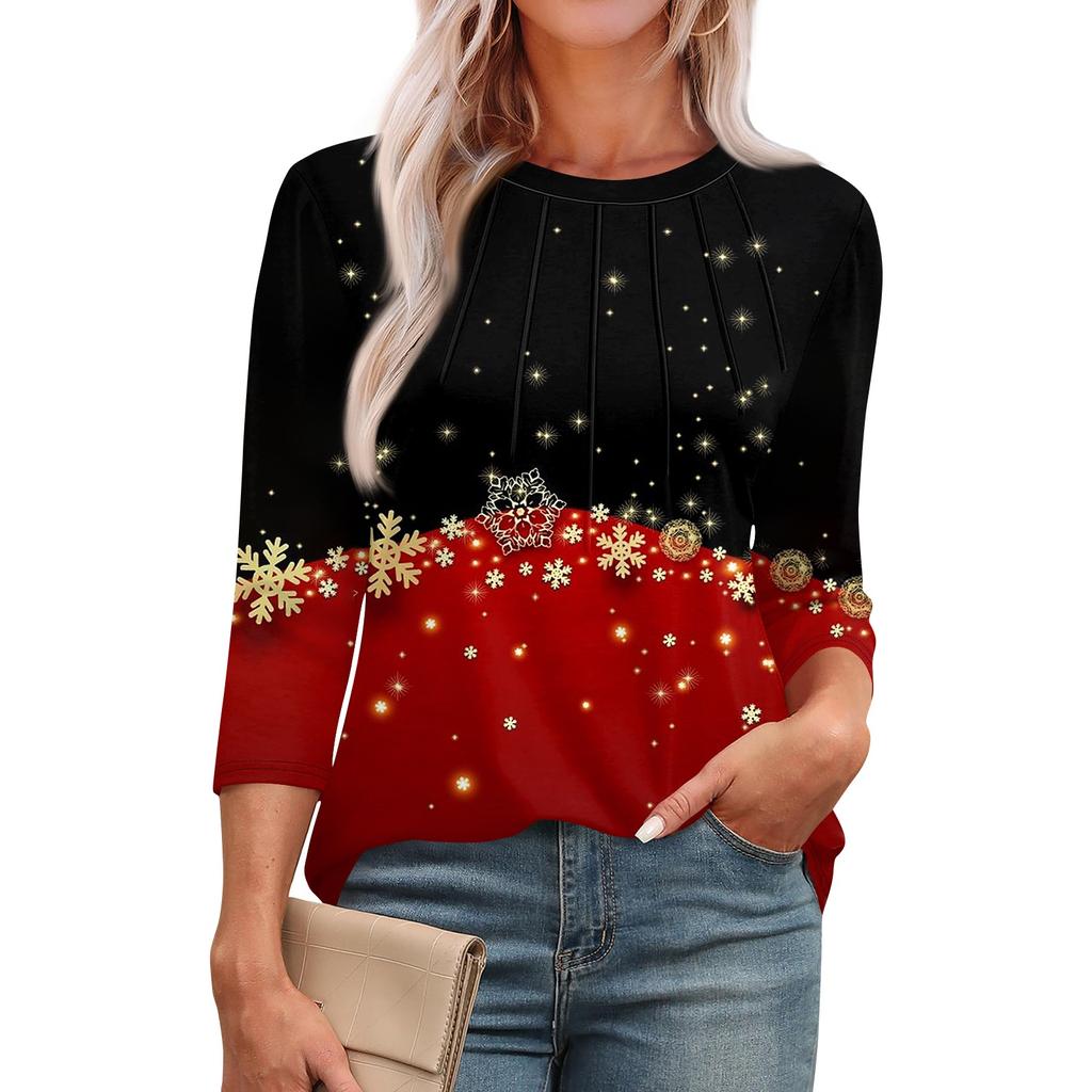 Женская модная футболка с круглым вырезом и рукавом 3/4 с принтом, повседневная, базовая, плиссированная, пуловер