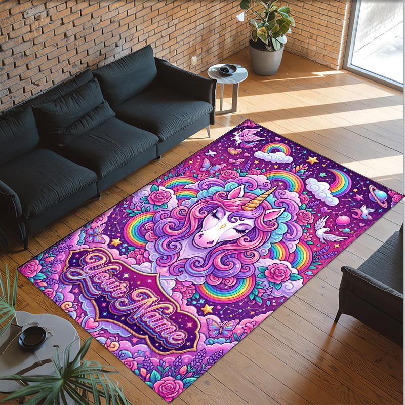 Unicorn Theme Crystal Velvet Floor Rug Personalized Custom Name Text Warm Carpet Home Decoration