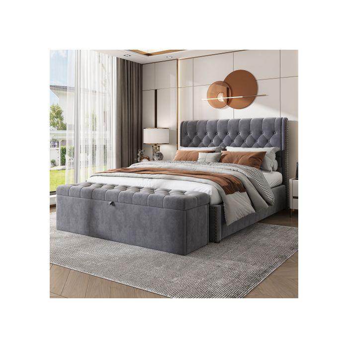 Lit - MUVOE - 140 x 200 cm - Rembourré en velours - Espace de rangement - 2 places