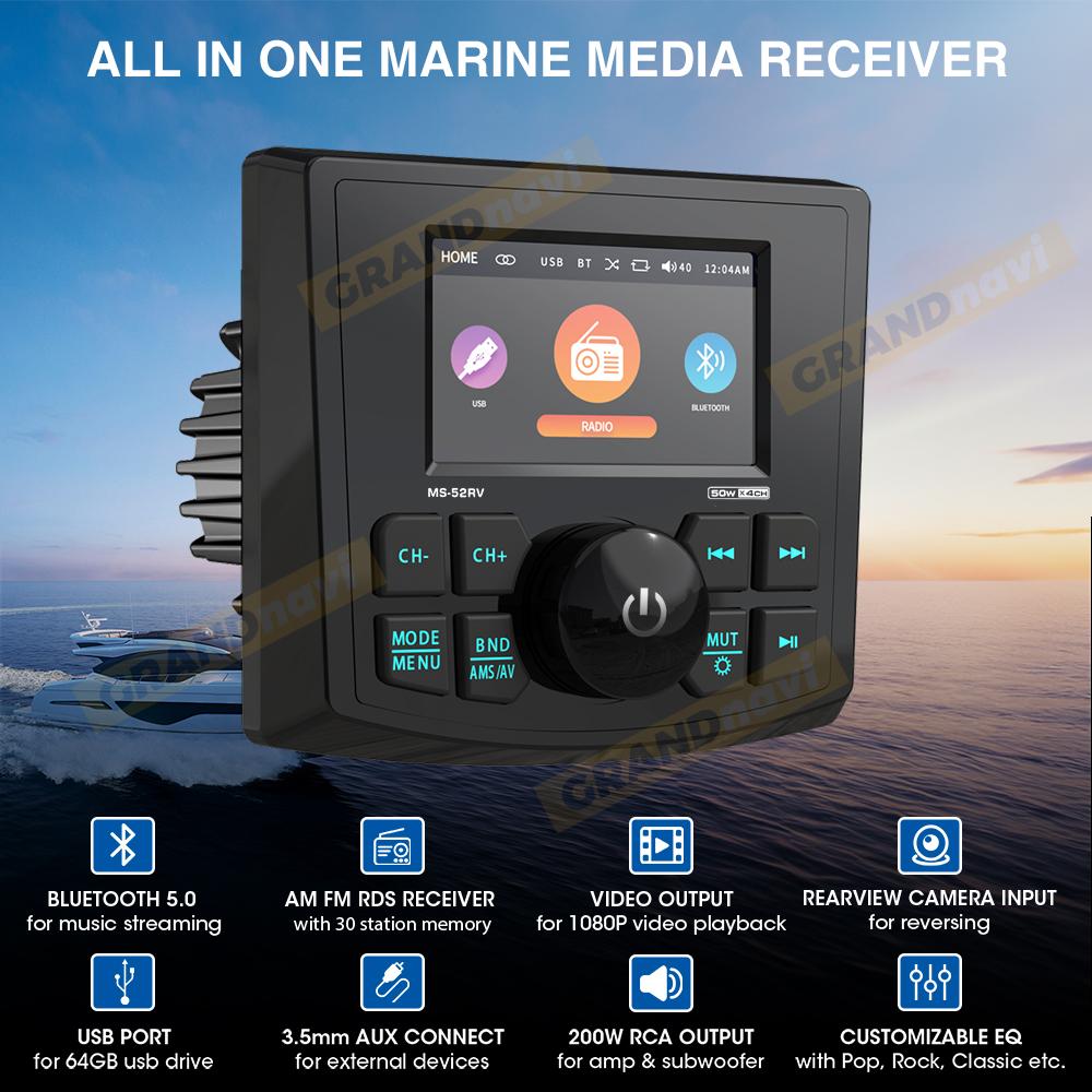 GRANDnavi Marine Stereo Boat MP5 Radio Player Waterproof IPX5 AUX Bluetooth FM AM RDS Audio For Yacht Gauge ATV UTV SUV Cart SPA