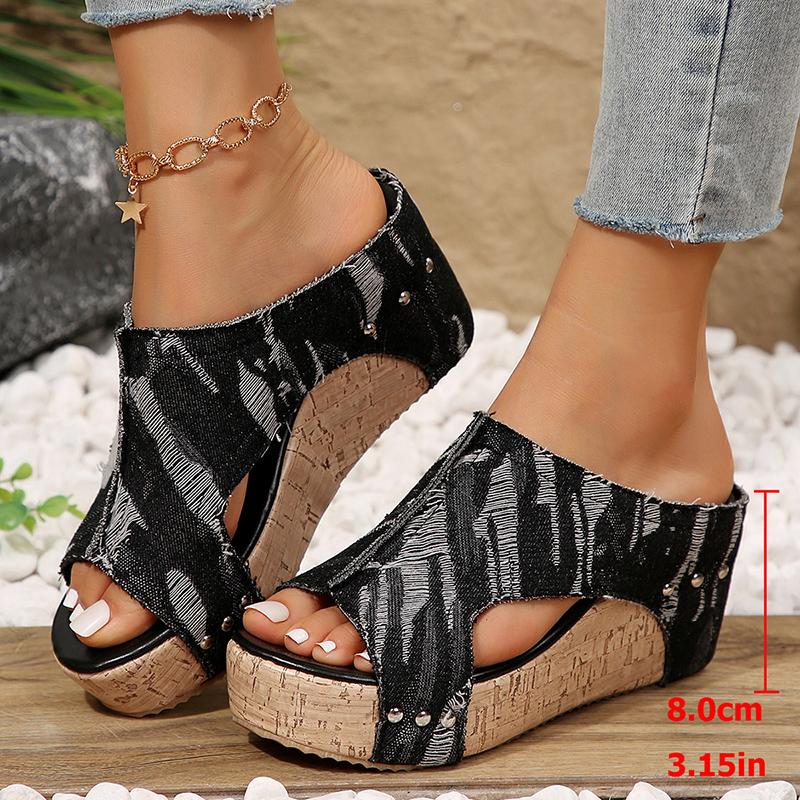 Women's Fashion Denim Wedge Heel Sandals Peep Toe Chunky Platform Sandals for Woman Summer 2025 Thick Bottom Non Slip Slippers