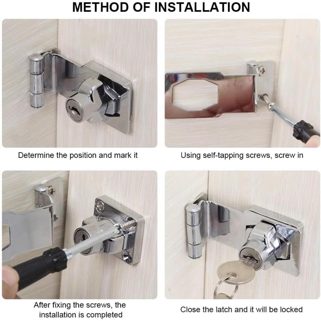 EMVANV Keyed Hasp Lock, 90 Degrees Lock Hasp T-wist Knob Keyed Locking Hasp Safety Door Clasp for Small Doors Drawer and Cabinets(Silver)
