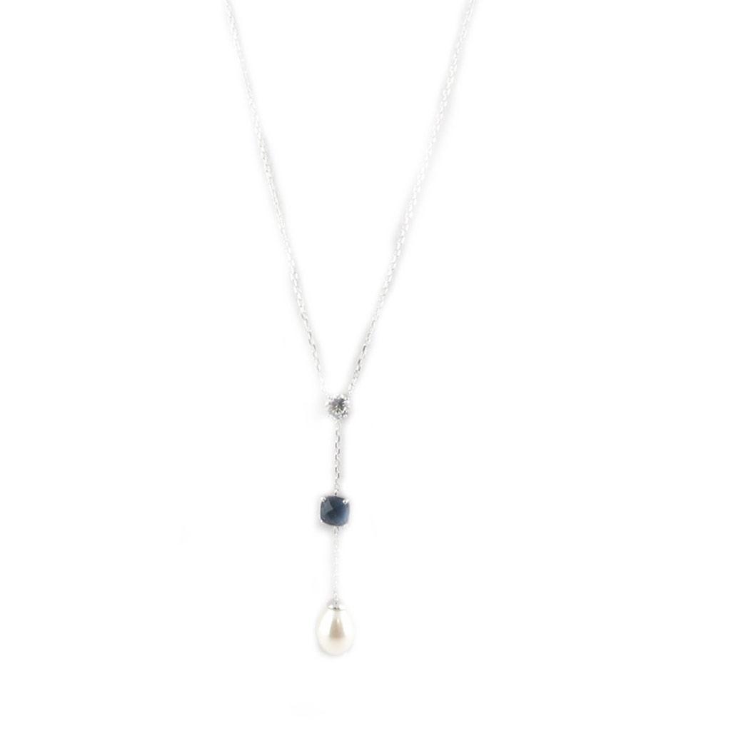 Les Trésors De Lily [L3911] - Silver Necklace 'Sissi' Ivory Sapphire (rhodium-plated) - 55x8 Mm