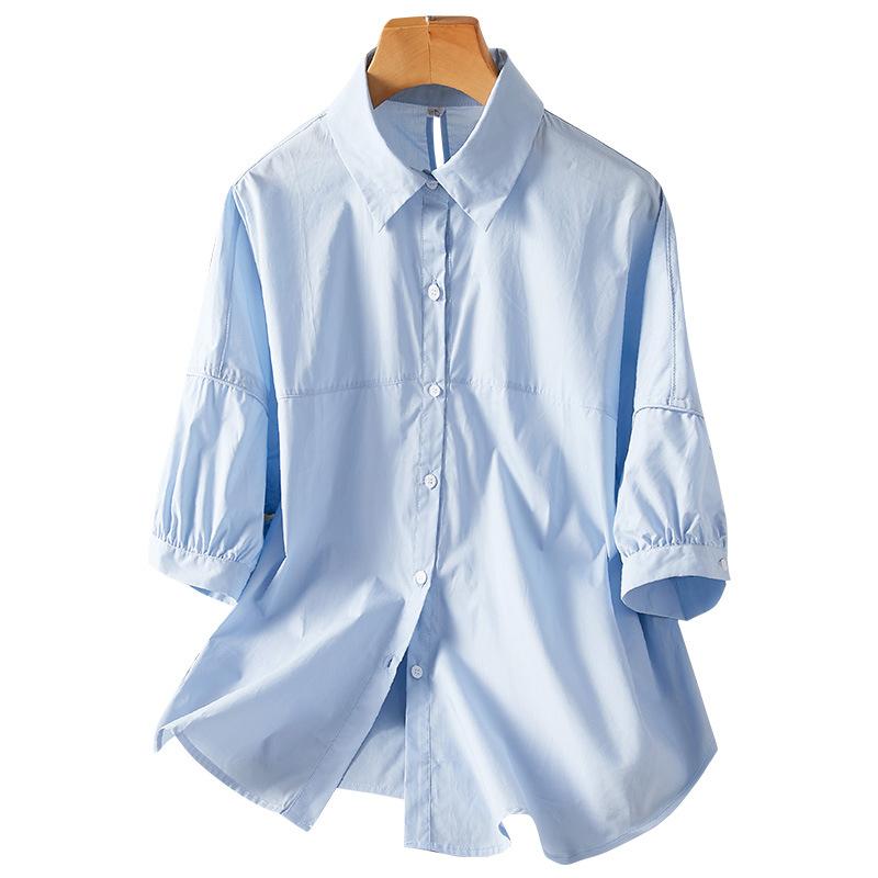 Blue Shirt Women's Middle Sleeves Summer New Loose and Thin Casual Pure Cotton Shirt
