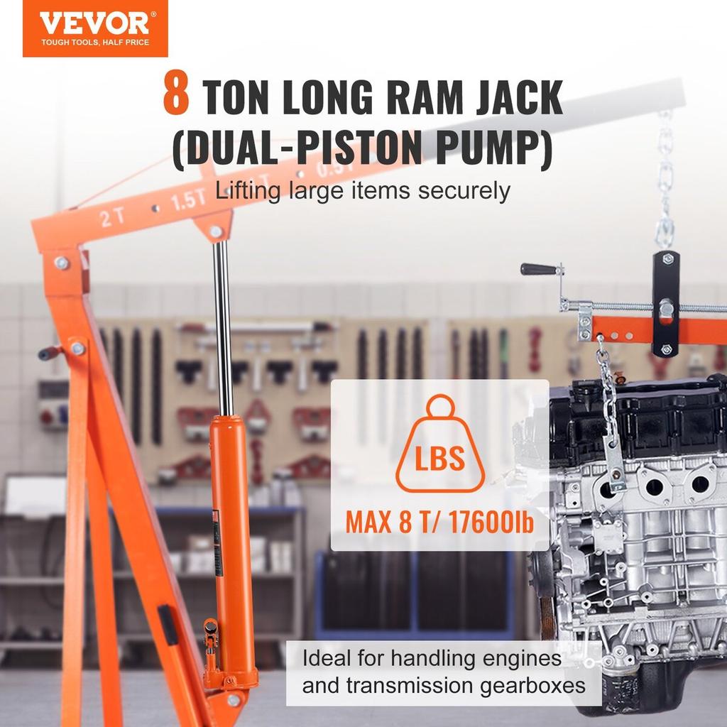 Hydraulic Long Ram Jack, 8 Ton Engine Hoist Cylinder with Double Piston Pump And Clevis Base, Hydraulic Ram Cylinder for Engine Lift Hoists, Hydraulic