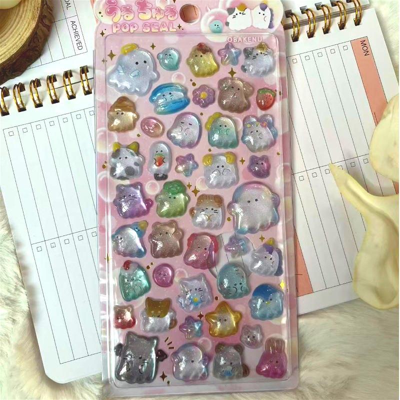 Kawaii Gradient Glitter 3D Stickers – Cute Cartoon Animal Shiny Jelly Stickers for Journal Scrapbook Phone Case Kids DIY Crafts