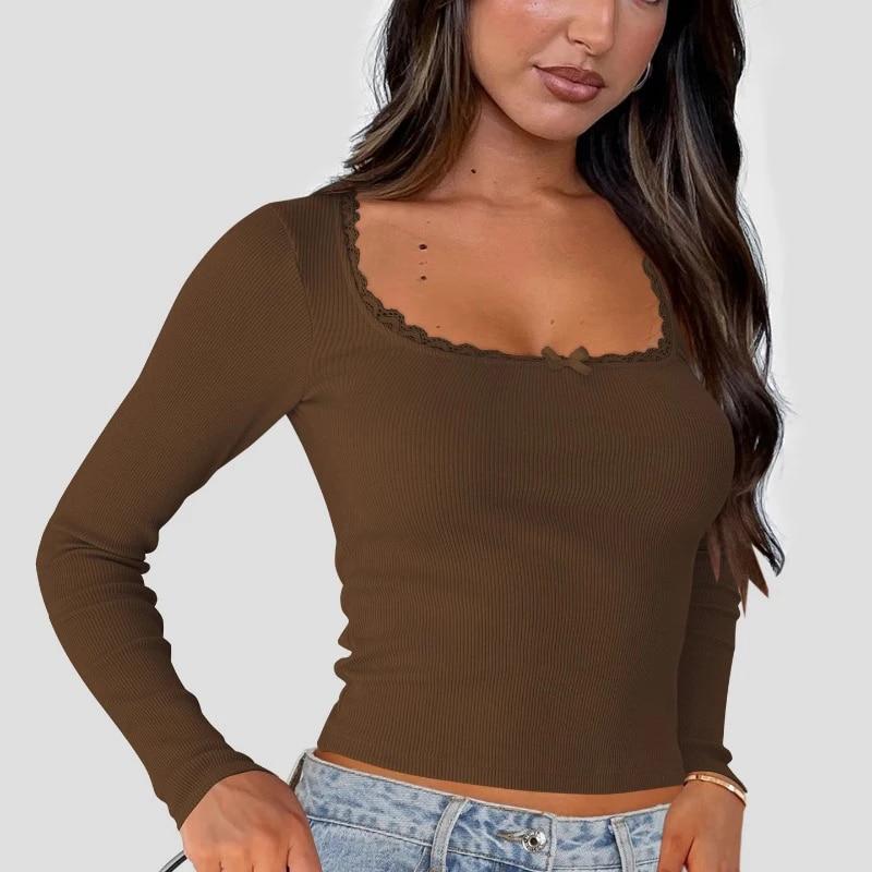 New Women Sexy Knitted T-shirt Casual Lace Square Collar Bottoming Long Sleeve Tshirt Woman Slim Fit Soild Lady Tees Tops 30600