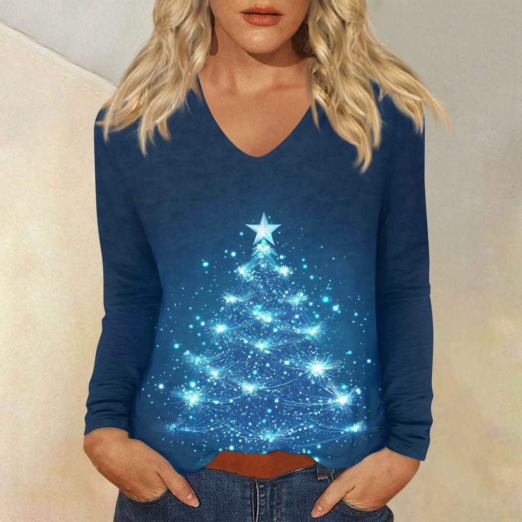 Women's Daily Casual Long Sleeve Christmas Print V-neck Top