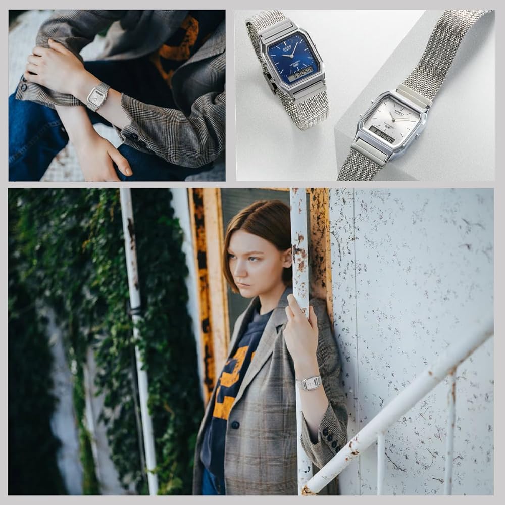 Casio Ana-Digi Quartz Vintage Series Watch AQ-230EM-7A Dual Time Mesh Metal Band Unisex Silver