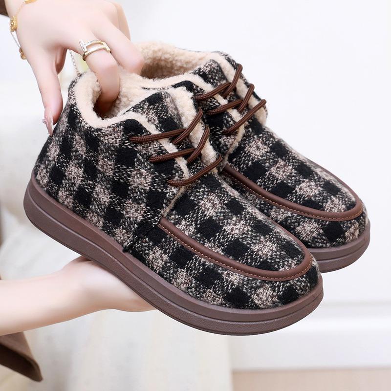 Winter New Beijing Cloth Shoes Women's Cotton Shoes Plaid Comfortable Velvet Thickened Soft-soled Cotton Boots Non-slip