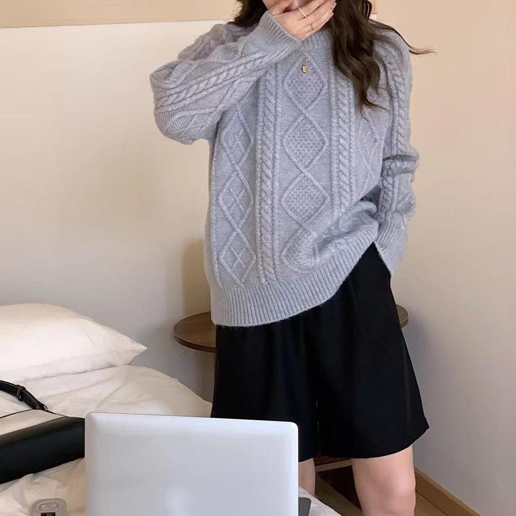 Vintage Twist Thickened Pullover Sweater Women's Autumn and Winter Solid Color Round Neck All-match Loose Knitted Sweater for Outer Wear