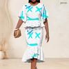 Women Plus Size Round Neck Batwing Sleeve Blue Brown Printed Ruffle Hem Top Fishtail Skirt Two Piece Set