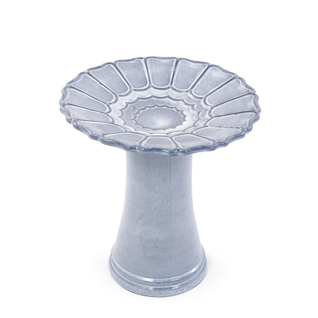 Handmade Ceramic Bird Bath (diameter 43 cm, Height 45 cm), Light Blue-Grey with Flower Grooves, Weatherproof & Frost-Resistant, for Garden, Terrace