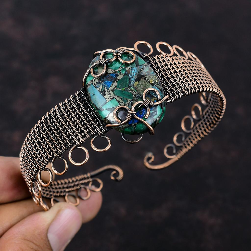 Медный браслет из азурита и малахита, обмотанный медной проволокой, ювелирные изделия ручной работы с драгоценными камнями, регулируемый браслет для подарка, обмотанный медной проволокой, браслет-манжета