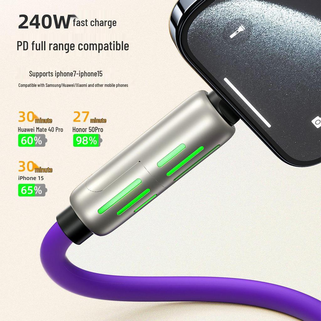 240W Fast Charging Multi-Function Type-C Cable with Colorful Breathing Light for Mobile Phones and Cars