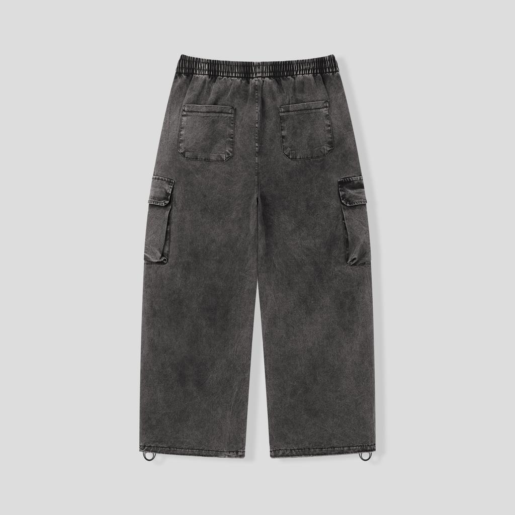 BLACK MOMENT Washed Cargo Elastic Waist Wide Pants [Black]