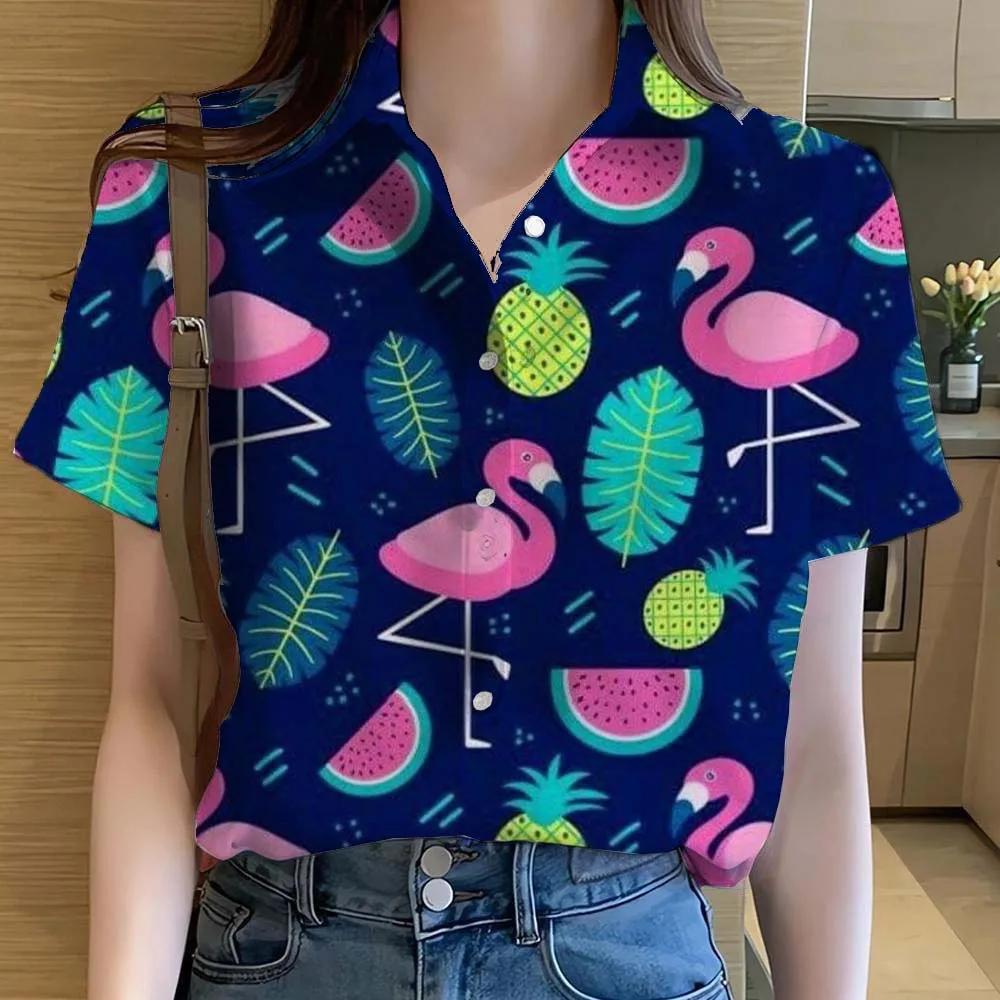 Womens Shirts Cute Cartoon Animal Flamingo 3D Printed Casual Tops Blouses Hawaiian Short Sleeve Button Beach Shirt Summer Shirts