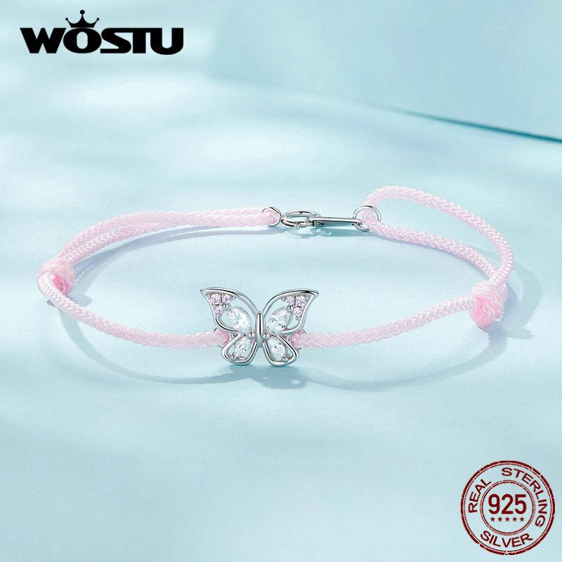 WOSTU Стерлингового Серебра 925 пробы, милые розовые браслеты с подвесками в виде бабочки для женщин, полые насекомые, циркон, звено цепи для девочек, украшения на день рождения