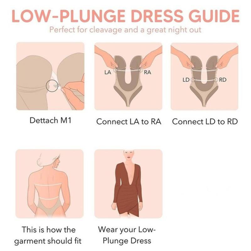 Women Shapewear Deep V-Neck Body Shaper Backless U Plunge Thong Shapers Waist Trainer Women's Clear Strap Padded Push Up Shapewear