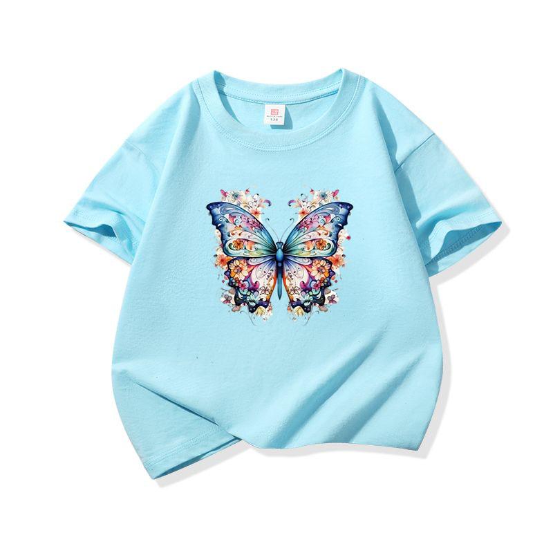 Kids Cotton T Shirt Blue Colorful Floral Butterfly Print Crew Neck Short Sleeve Tee Casual Boys Girls Summer Tops