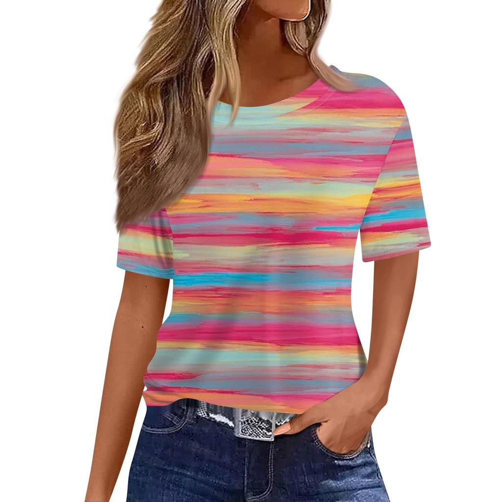 Women's Fashionable Casual Short Sleeve Print Round Neck Pullover Top