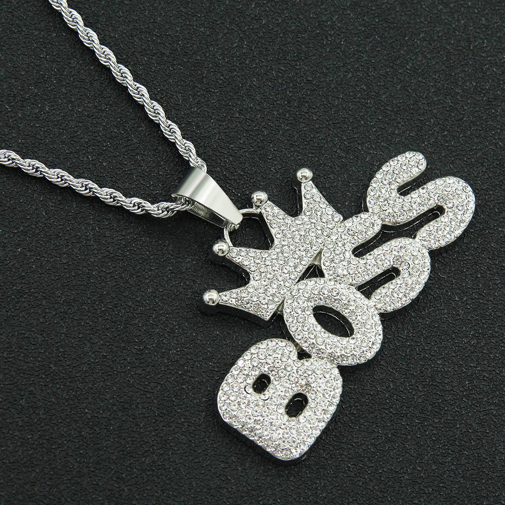 European and American Cool Hip Hop Full Diamond Crown Letters Boss Pendant Necklace Fashionmonger Personalized Exaggerated Long Accessories Pendant