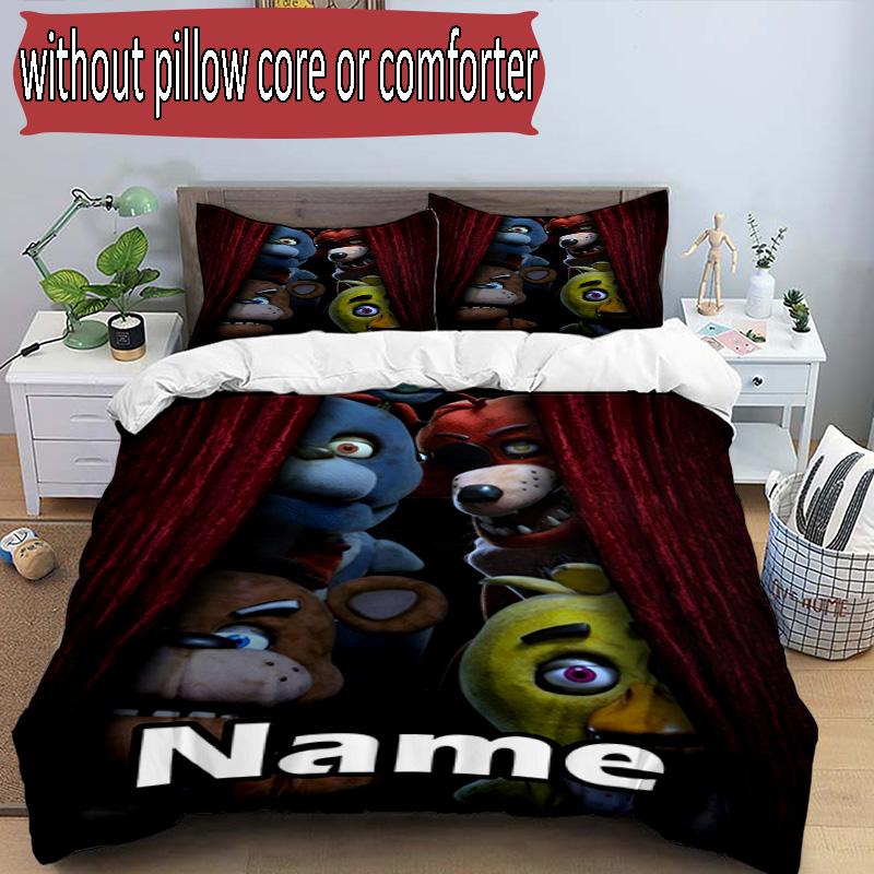 3pcs Duvet Cover Set (1*Duvet Cover + 2*Pillowcase, Without Core), Custom Name Five Nights at Freddy's Pattern Bedding Set, Home Bedroom Decor Gift