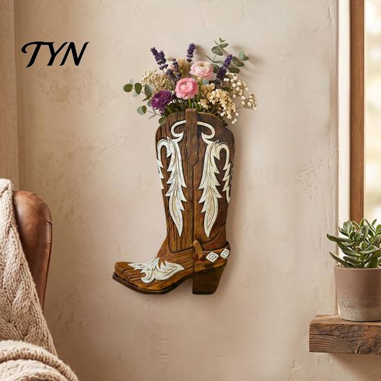 Western Cowboy Boot Wall Decor Wooden Boots Planter for Indoor Plants, Flower Hanging Vase Themed Store Art Faux Flower, Rustic Home Bathroom Bedroom