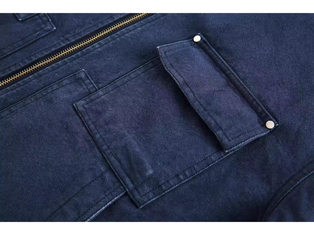 Мужская ретро-куртка Detroit Workwear синего цвета - Тяжелая весенне-осенняя с цветовыми блоками, с воротником, верхняя одежда