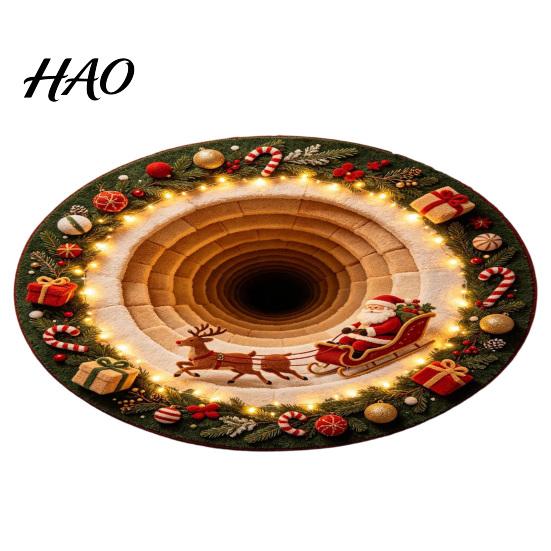 Round Christmas Area Rugs Rug, 3D Visual Trap Floor Mat with Santa Elk Print, Non Slip Holiday Decor Non-Slip Stain Resistant Winter Carpet for Living