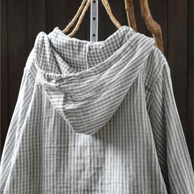 Johnature Women Vintage Hooded Shirts Striped Long Sleeve Patchwork Pockets Autumn Casual Female Blouses