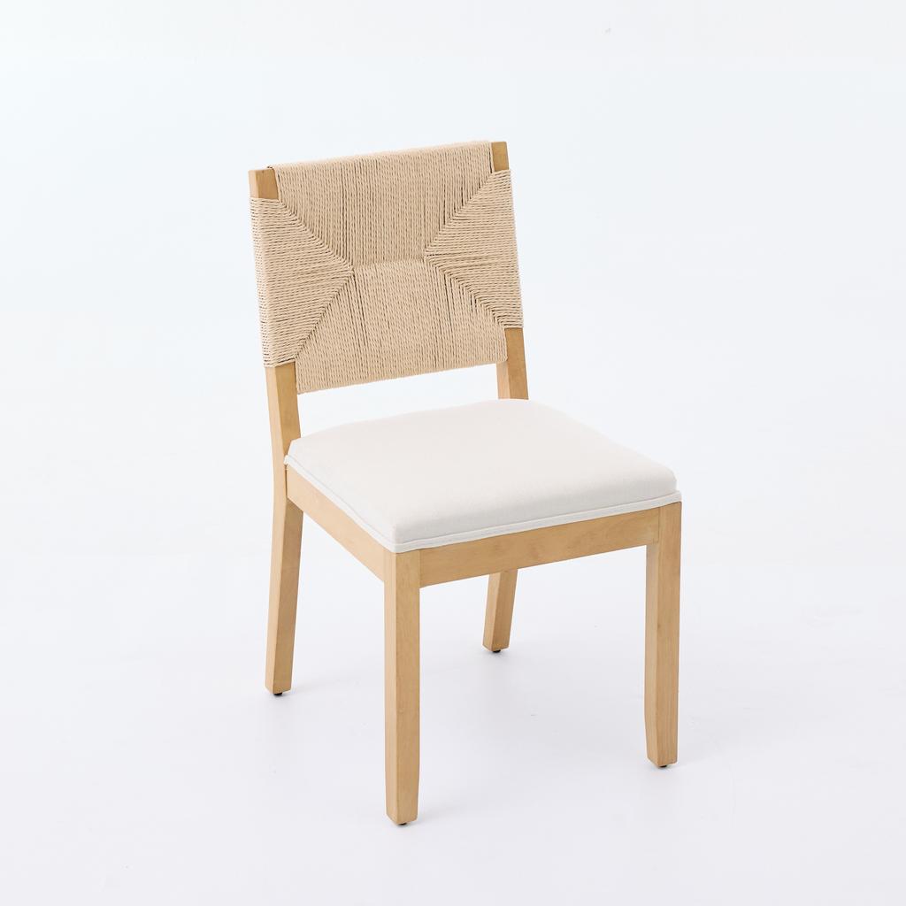 Mid-Century Modern Rope Rattan Dining Chairs Set of 2, Cane Backrest and Padded Seat, Linen Upholstered, Natural Finish, Beige,DE1883MT