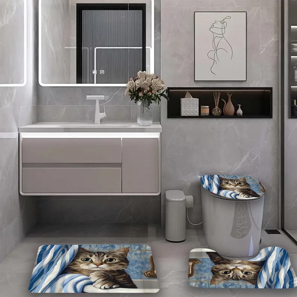 1/4 шт. Роскошный милый узор для кошек, водонепроницаемый комплект занавесок для душа, декоративный набор для ванной комнаты, нескользящий коврик для унитаза, коврик для ванной и 12 крючков