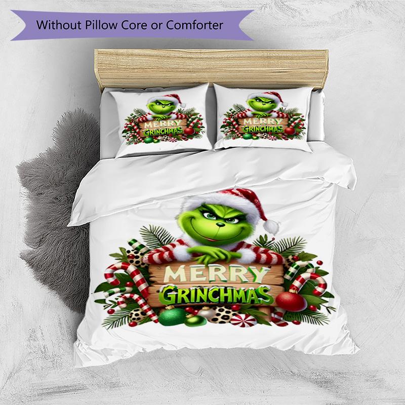 3pcs Duvet Cover Set (1*Duvet Cover + 2*Pillowcase, Without Core), The Grinch Print Bedding Set, Bedroom Decor, All‑Season, Birthday Gift