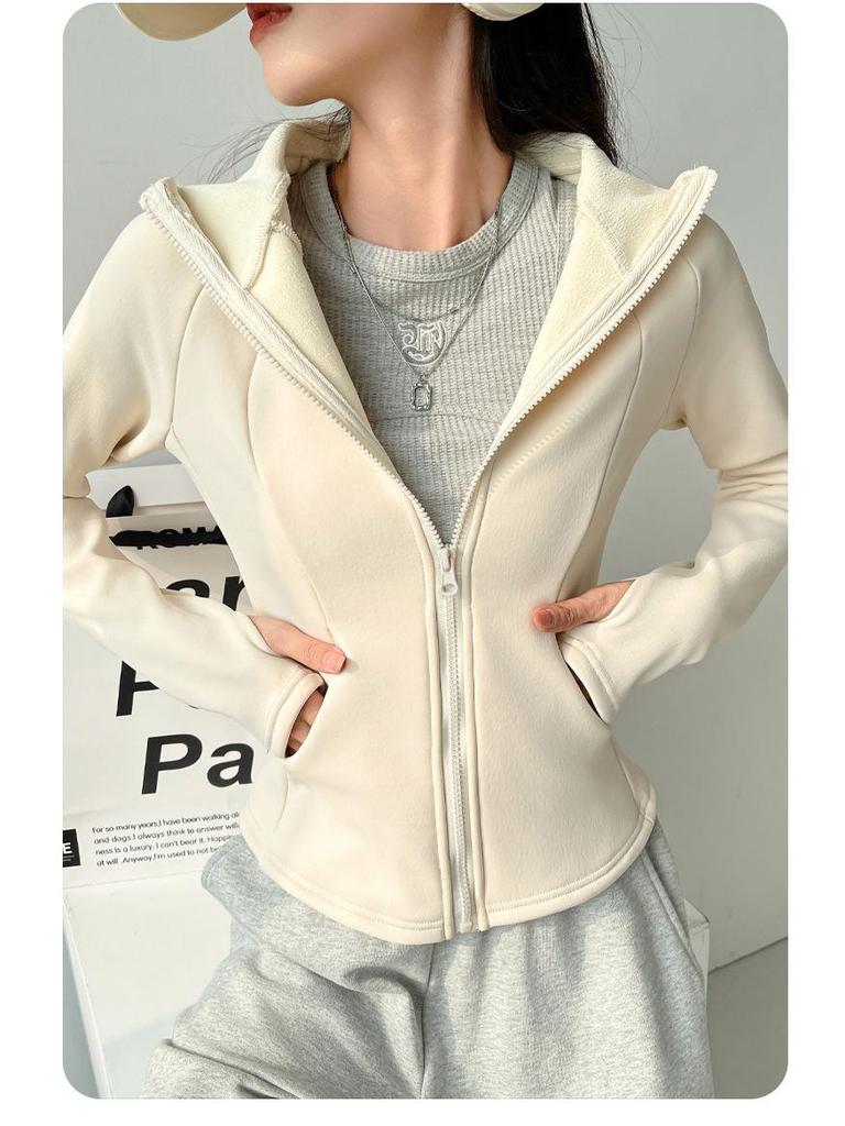 Женская облегающая куртка для йоги с капюшоном H675 - осенне-зимний бархат, утолщенная, ветрозащитная, теплый верх