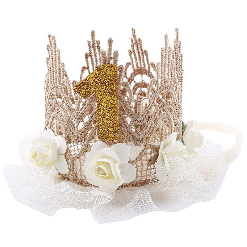 Детская корона с блестками для девочек, годовалая корона, шляпа принцессы для дня рождения, розовое золото, роза, декор для вечеринки, кружевная сетка