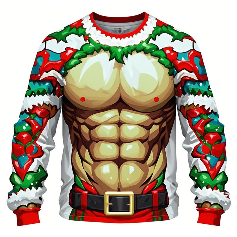 Мускулистые рождественские футболки мужские топы повседневные свободные уличные 3D-принты уродливые рождественские футболки с длинным рукавом спортивная футболка одежда Y2k