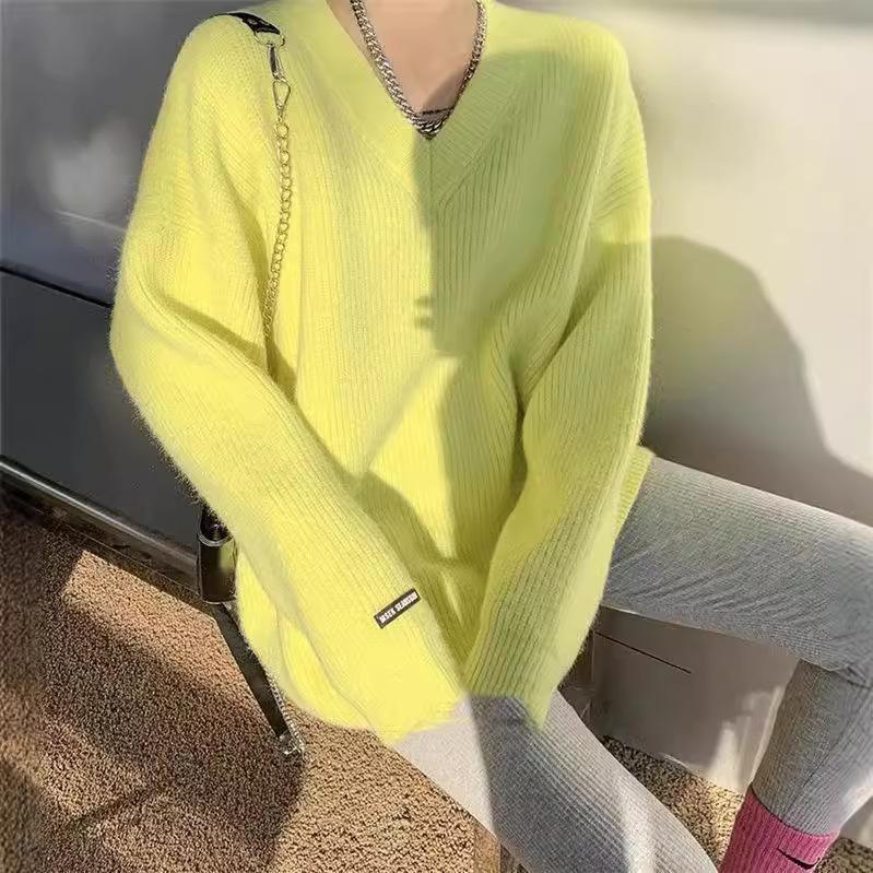 Вязаный свитер осень-зима свободного кроя с V-образным вырезом средней длины, однотонный трикотажный топ с длинным рукавом для женщин, модная верхняя одежда