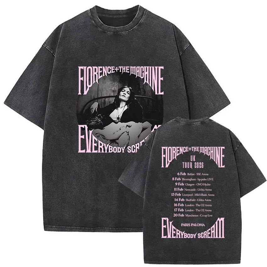 Винтажные стираные Florence The Machine Everybody Scream Tour Графические футболки Мужские Женские Харадзюку Эстетика Оверсайз Футболка