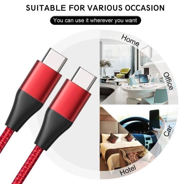 3x Câble USB-C vers USB-C Charge Rapide pour Redmi Note 14 13 Pro Note 12 4G-5G Note 12 Pro - Nylon Tressé Rouge 1M