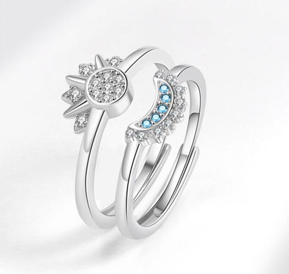 Personalized Simple Design Sense of Sun and Moon, Stacked with Diamonds, Sun and Moon Couple Ring Ring