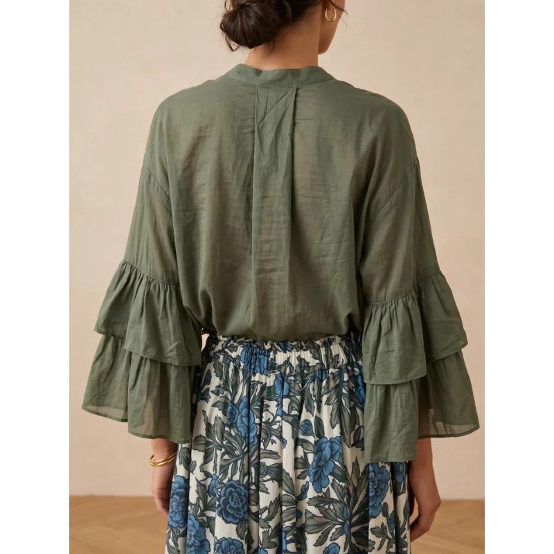 Women S Solid Stand Collar Button Long Sleeve Trumpet Loose Casual Shirt